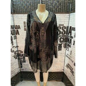 Roaman's 18W Black Sheer Foil Print Beaded V-Neck Long Bell Sleeve Top -2 PC